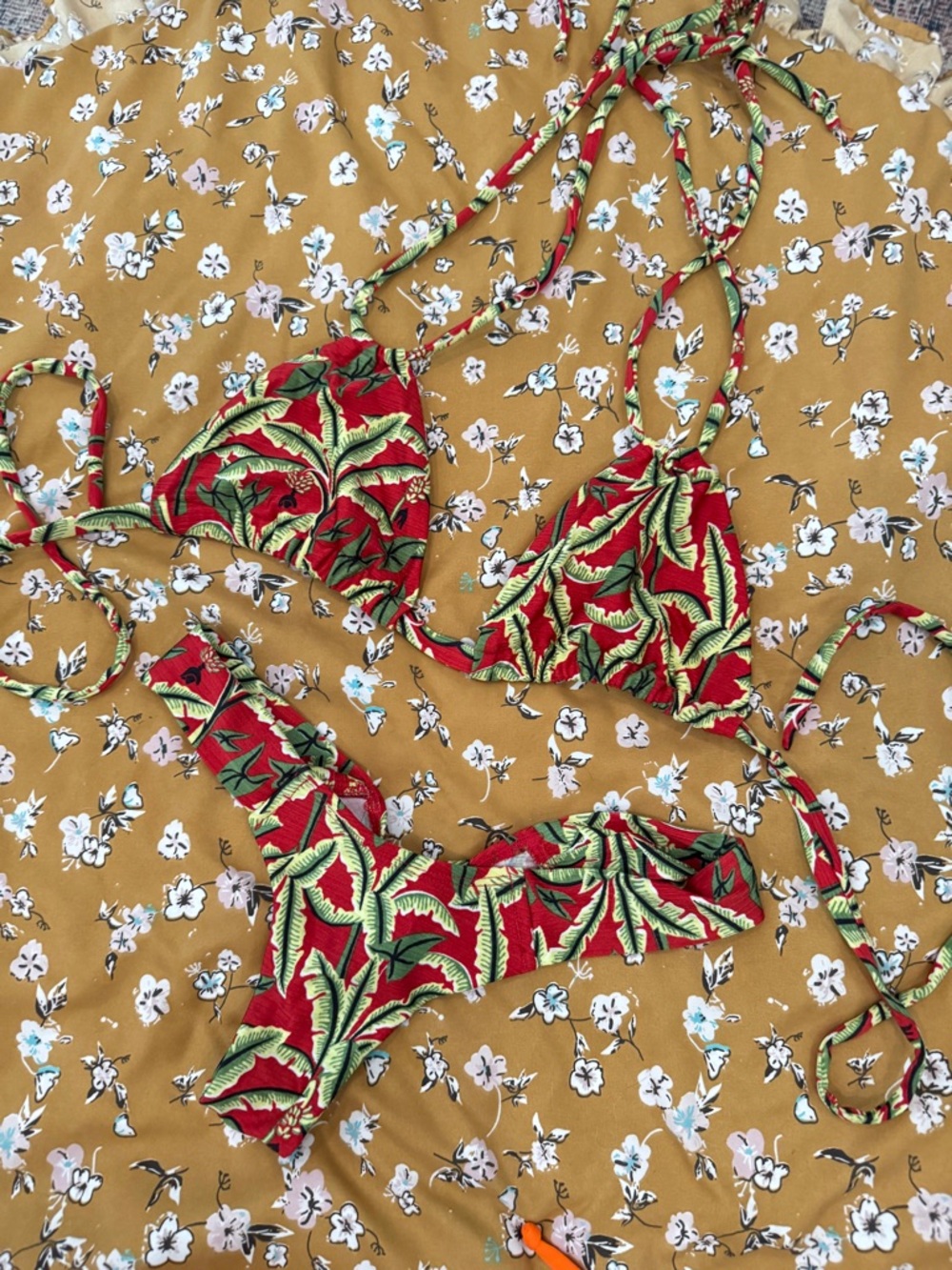 Red Tropical Leaf String Bikini Set